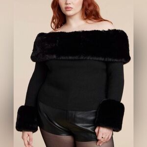 Womens black faux fur off the shoulder sweater by Eloquii. NWT